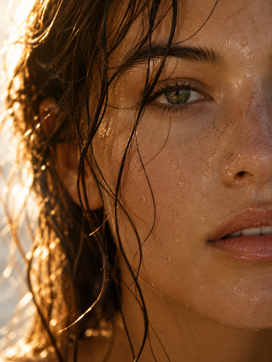 Close-up of sun-warmed skin and softly defined lips in golden light