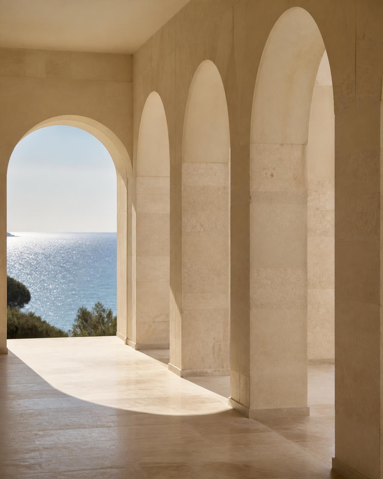 Cream limestone Mediterranean arches opening onto the sea