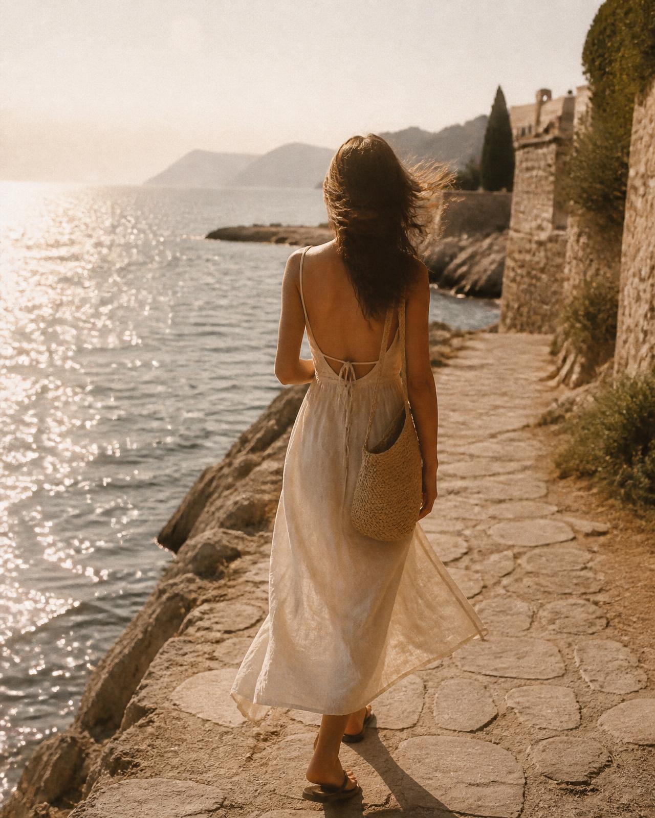 A woman walking a sun-bleached coastal path in ivory linen at golden hour